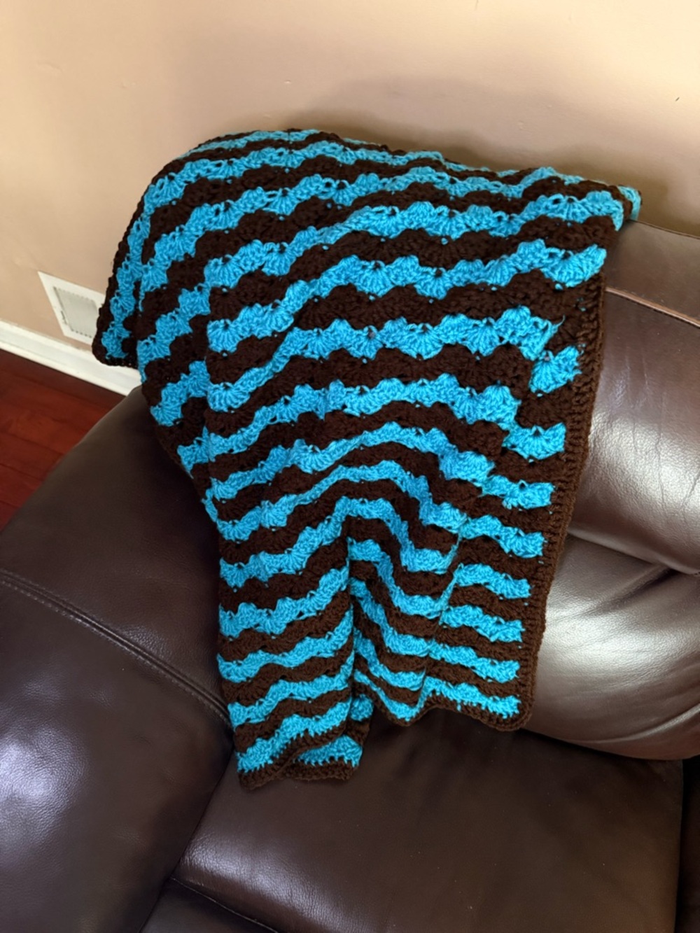 Hand Crafted Blue and Brown Chevron Crochet Throw Blanket